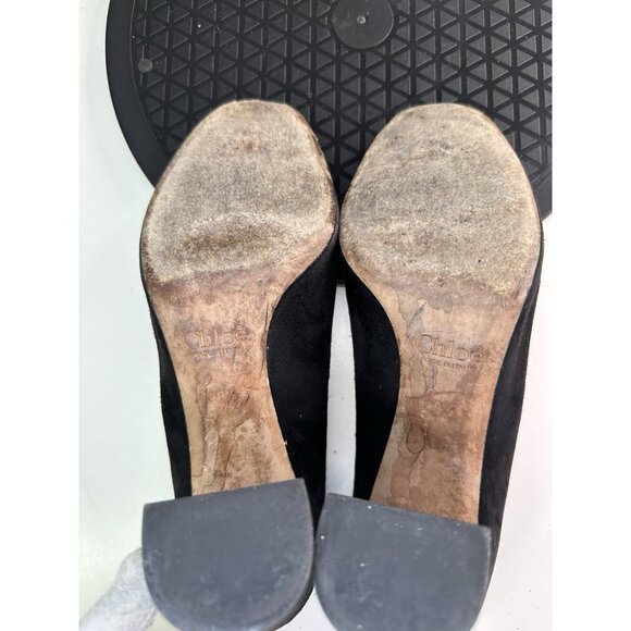 Chloe Black Suede Scalloped Round Toe Block Heels Sz 40.5 - Picture 8 of 9